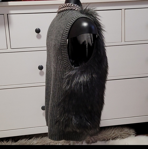 Michael kors faux fur derby grey wool blend sweeter vest silver chain collar - Picture 4 of 7